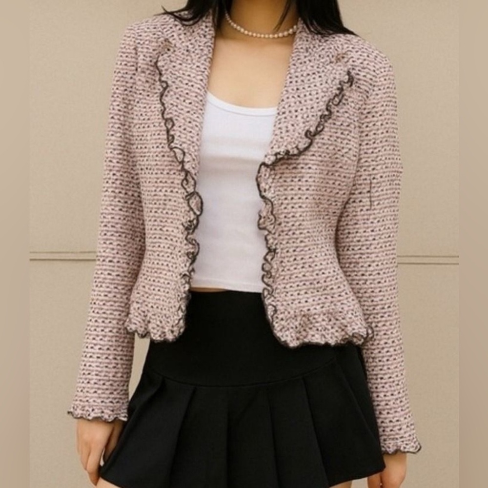 Vintage Y2K BIGIO Women's Pink Tweed Ruffle‎ Snap Button Blazer Jacket sz 12 USA - Picture 2 of 7